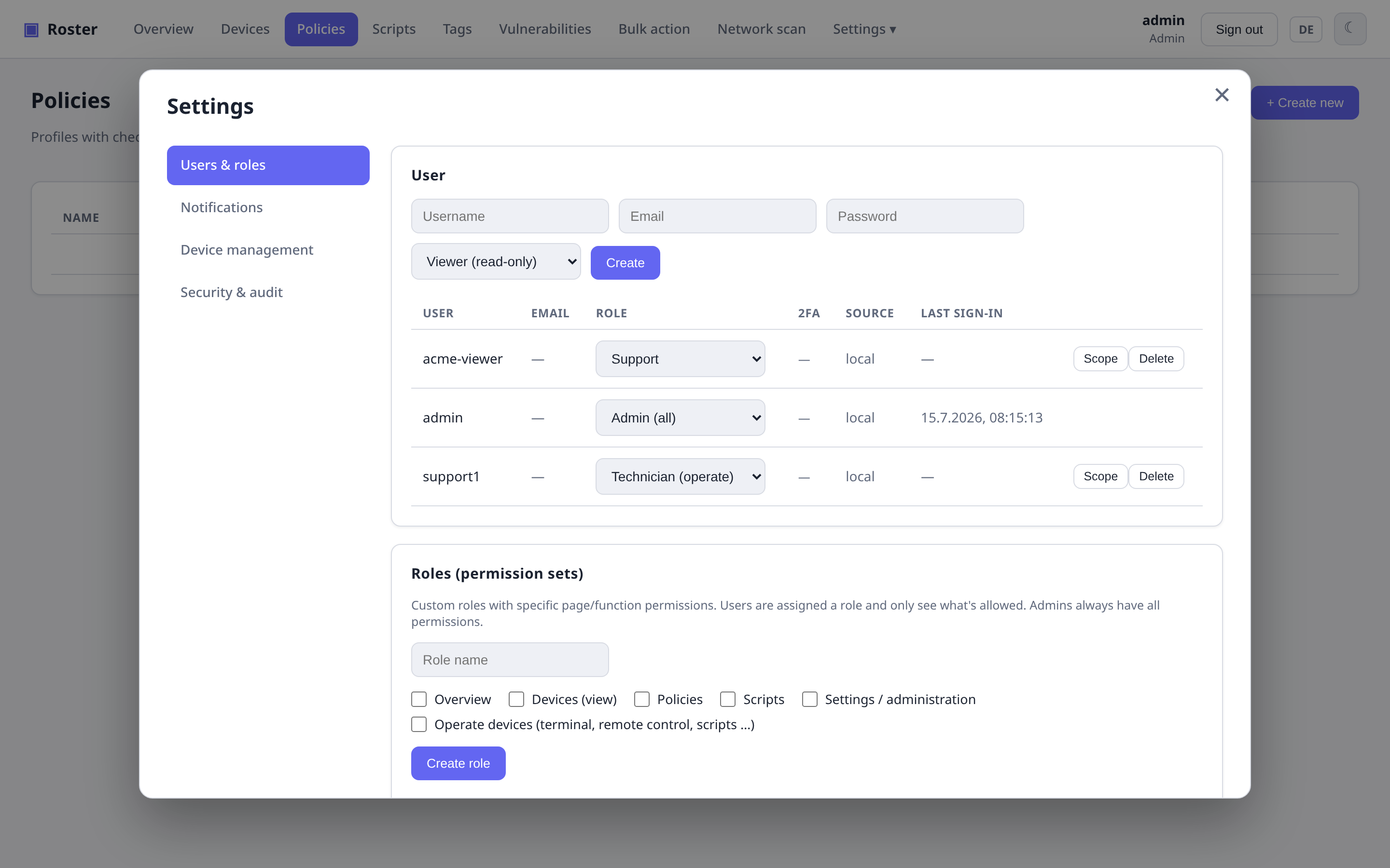 Roles and users